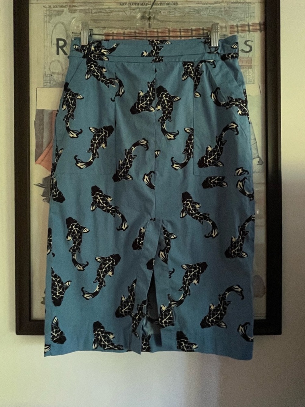Maria FIlo Brazilian Designer Koi Print Cotton Midi Pencil Skirt Blue Black M